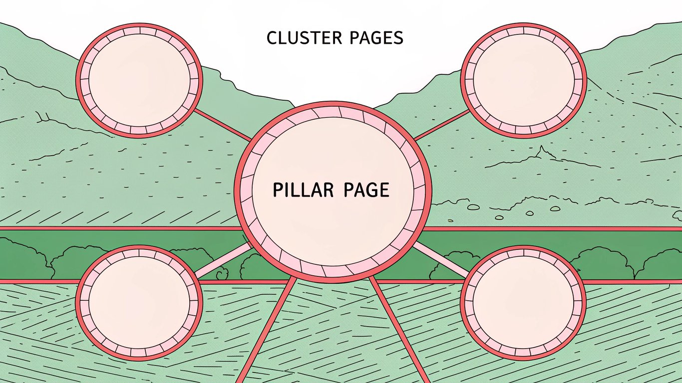 Diagram illustrating a topic cluster with a central pillar page connected to multiple surrounding cluster pages via internal links.