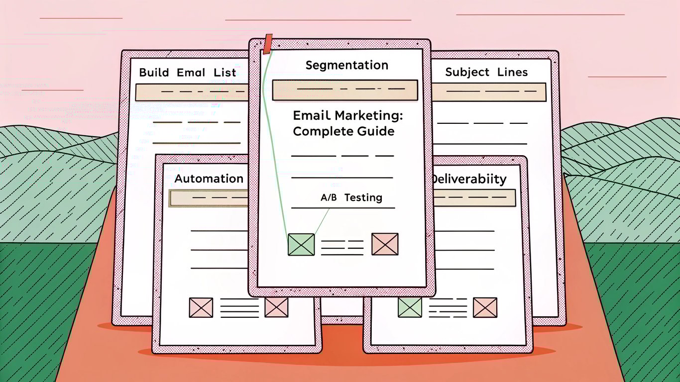 Diagram showing an 'Email Marketing' pillar page connected to six cluster pages covering specific email marketing subtopics.