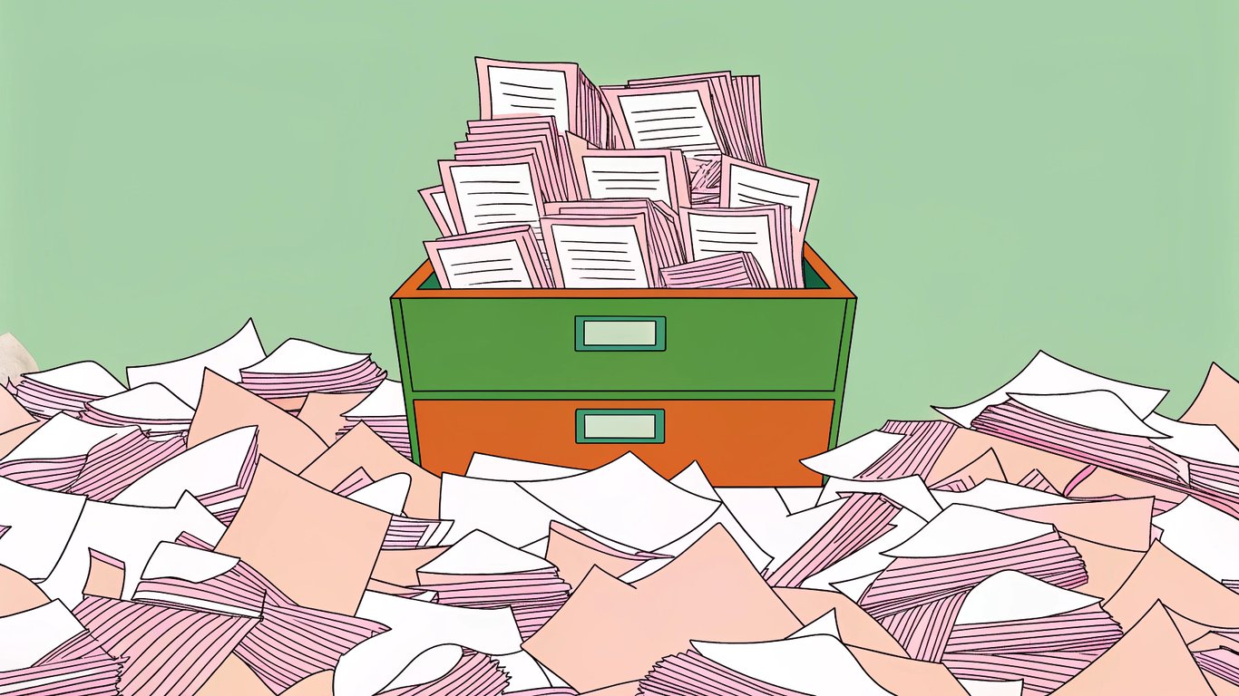 Illustration showing a messy pile of papers next to an organized filing cabinet, symbolizing the shift from disorganized content to structured content.