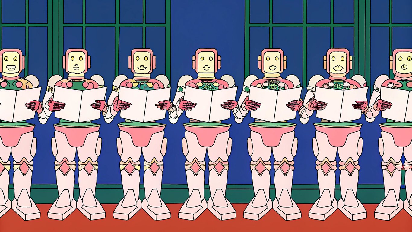 Robots generating identical content from similar prompts, illustrating the problem of generic AI output.