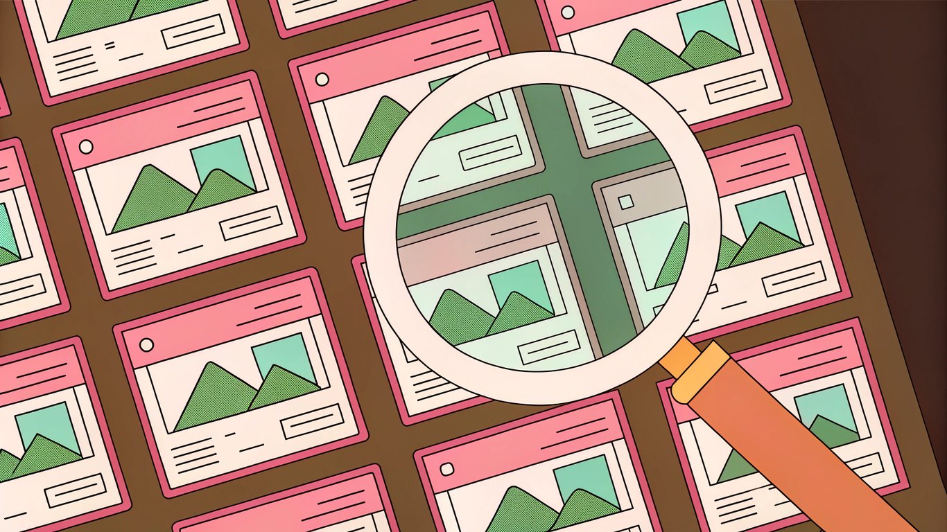 A magnifying glass selecting one webpage from many identical ones, representing search engine filtering of cross-site duplicate content.