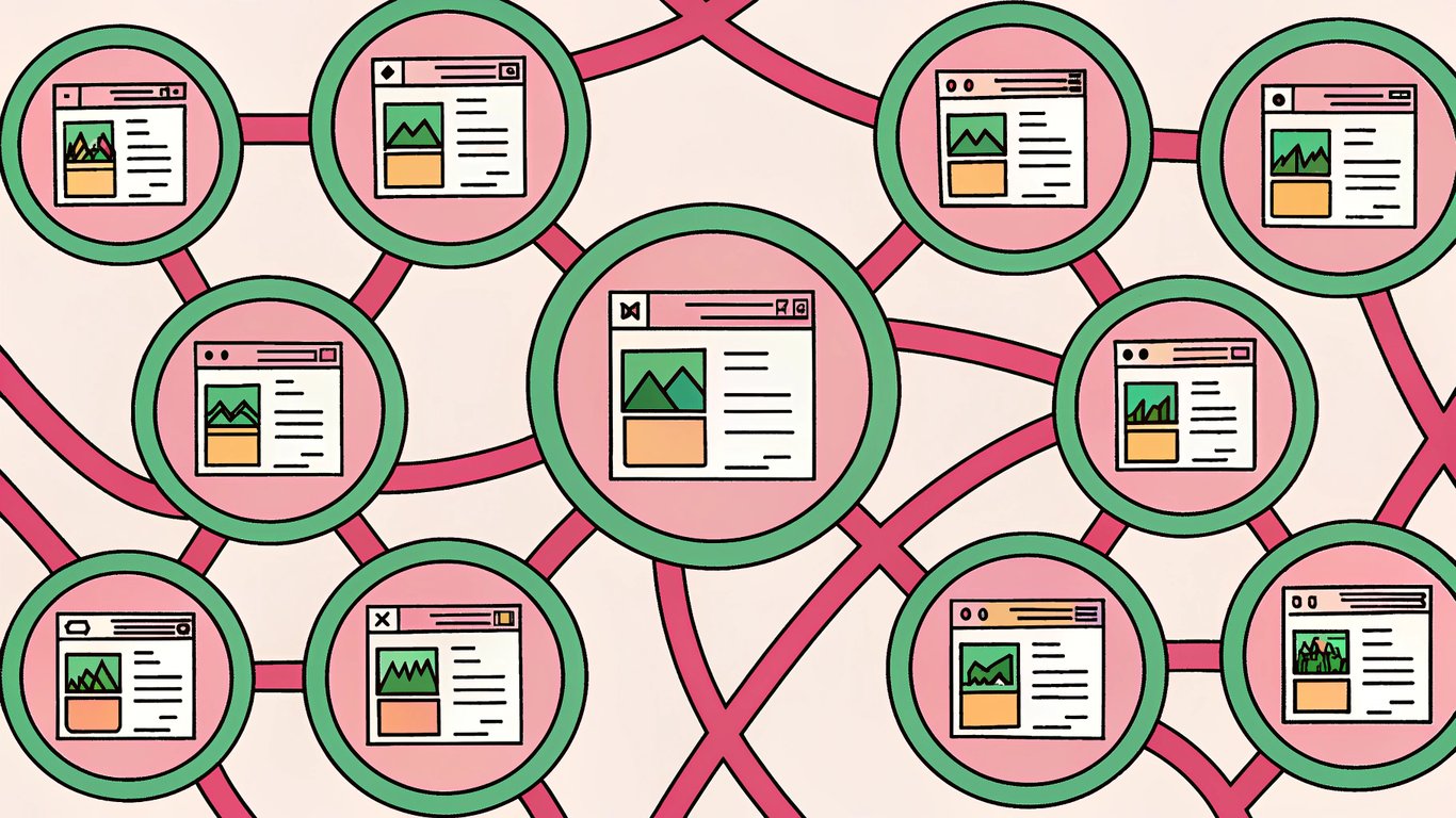 Diagram showing web pages connected by internal links, illustrating navigation and authority flow.