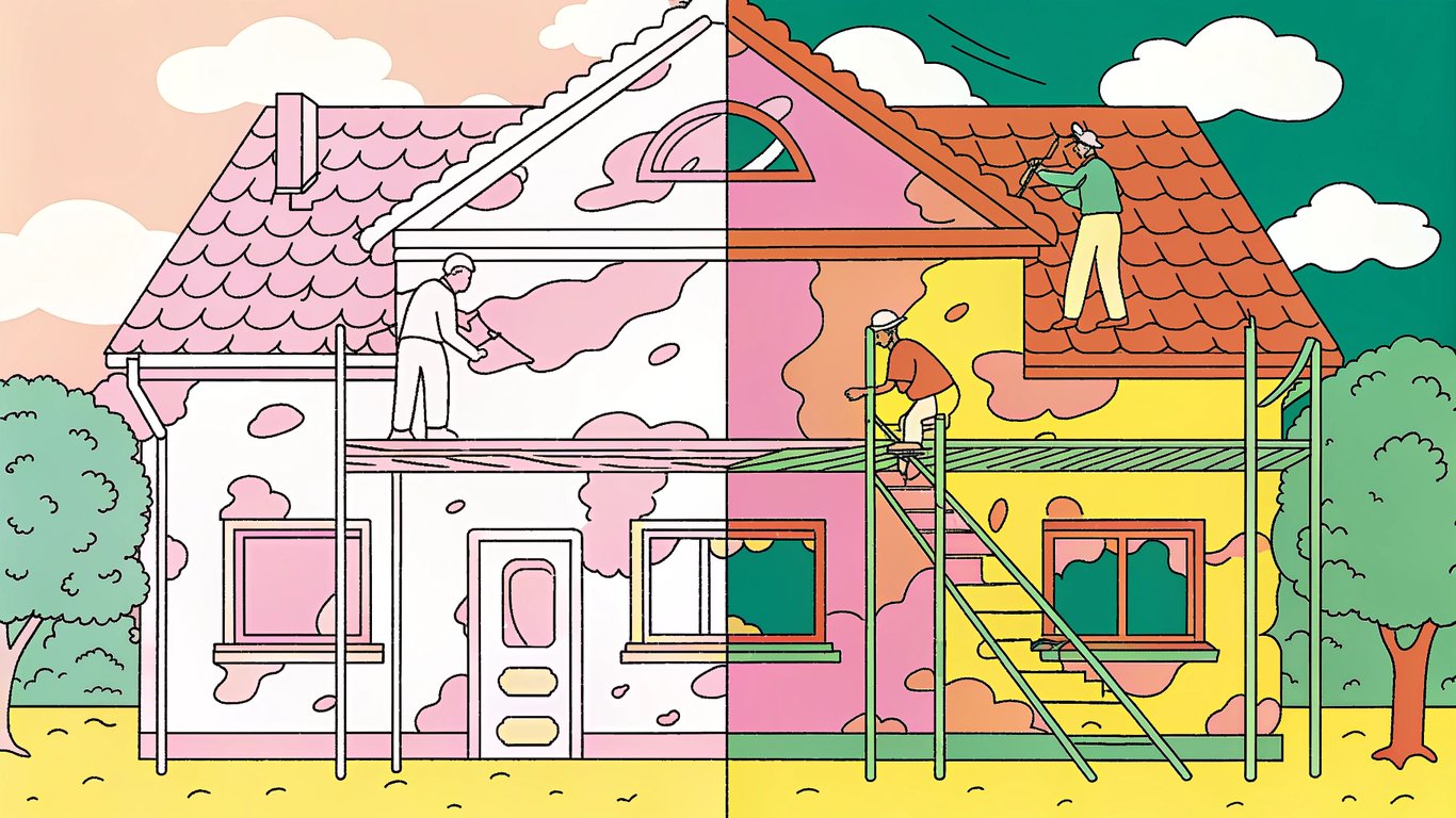 Illustration of a house being renovated, showing old and new sections.