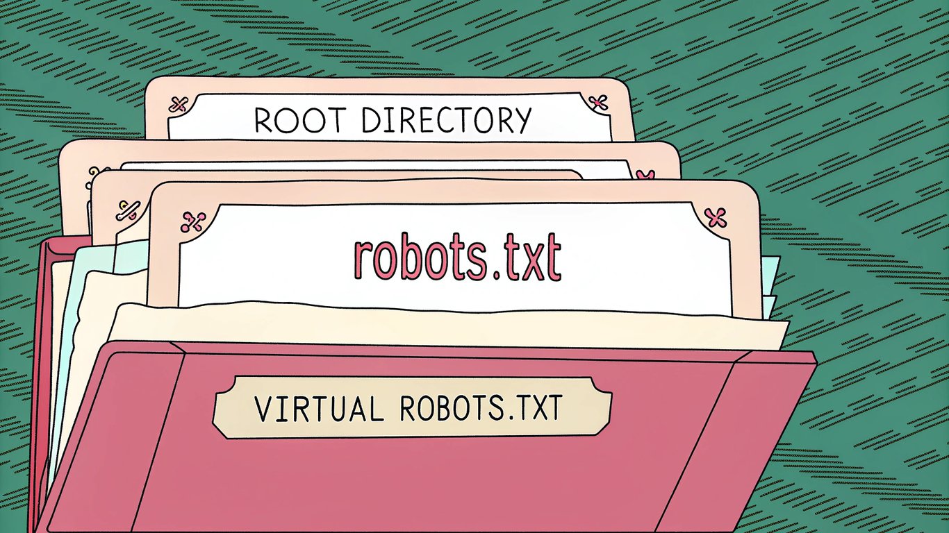 A physical robots.txt file in the root directory overriding a virtual robots.txt file, illustrating the hierarchy of robots.txt files in WordPress.