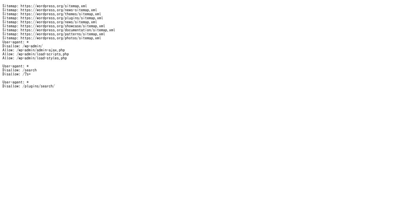 Screenshot of the default WordPress robots.txt file content from wordpress.org, showing User-agent, Disallow, and Allow directives.