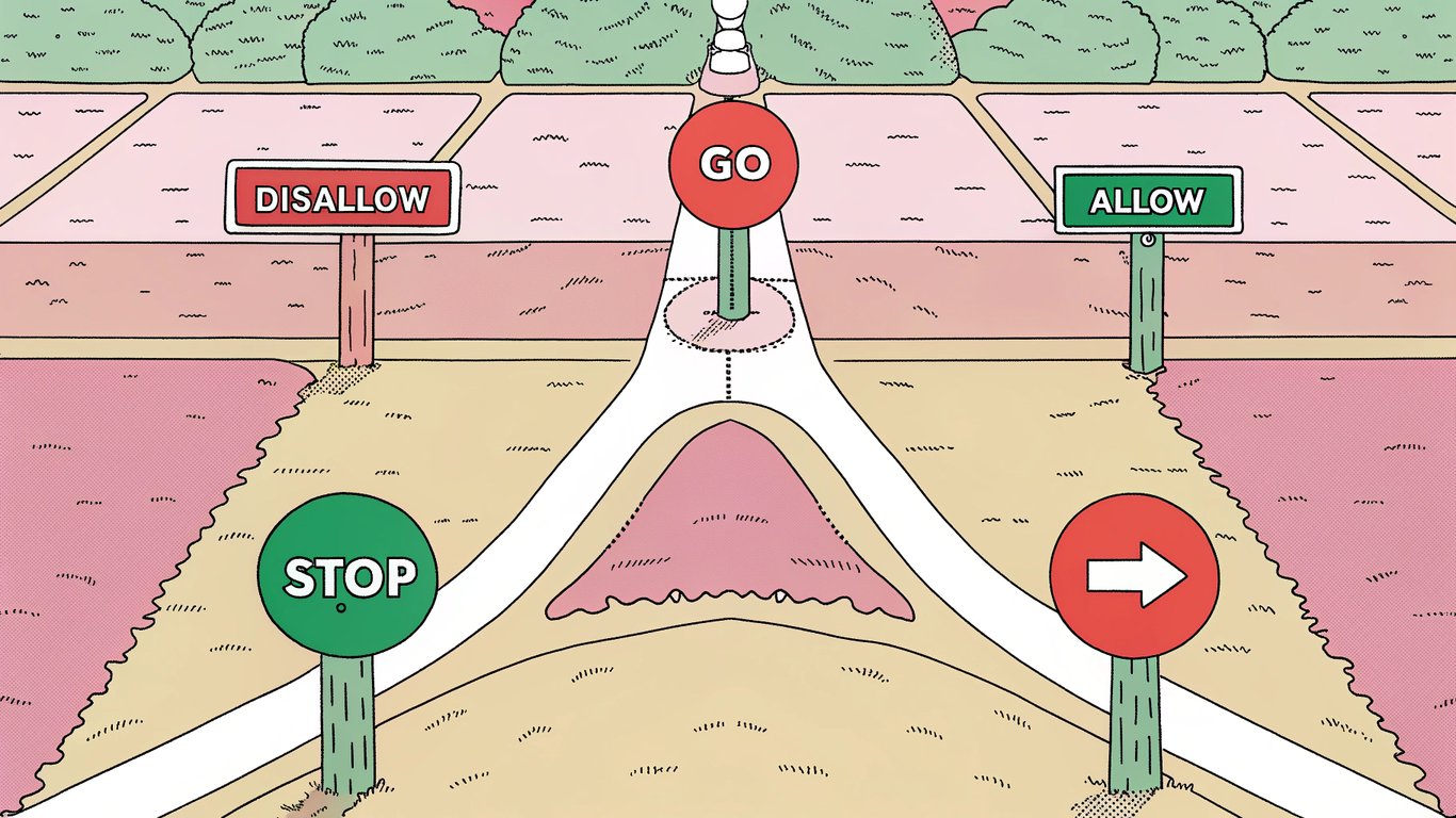 Internet bots following traffic signs, with a red stop sign representing 'Disallow' and a green go sign representing 'Allow' directives in robots.txt.