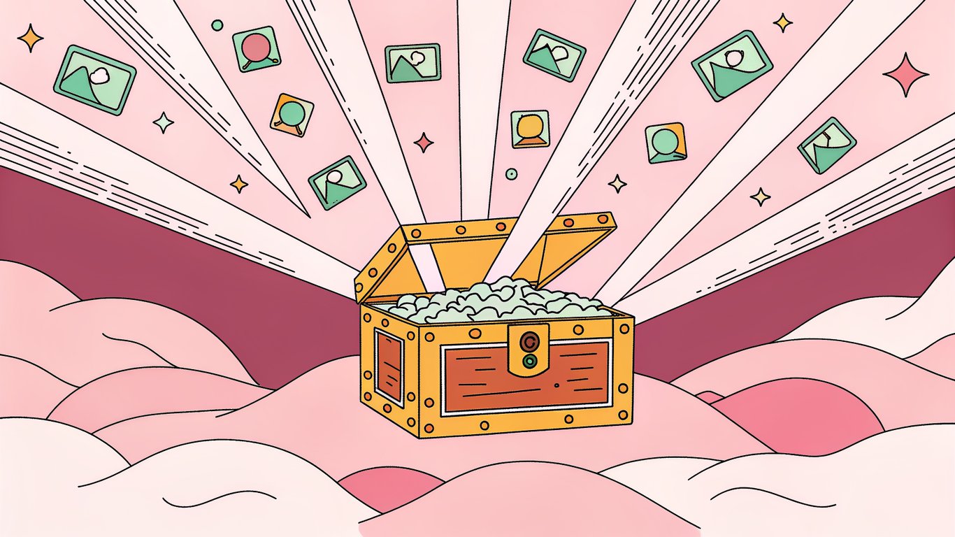 A glowing gold treasure chest overflowing with sparkling blog post icons and digital snippets, surrounded by swirling holographic data streams, set against a sleek dark background.