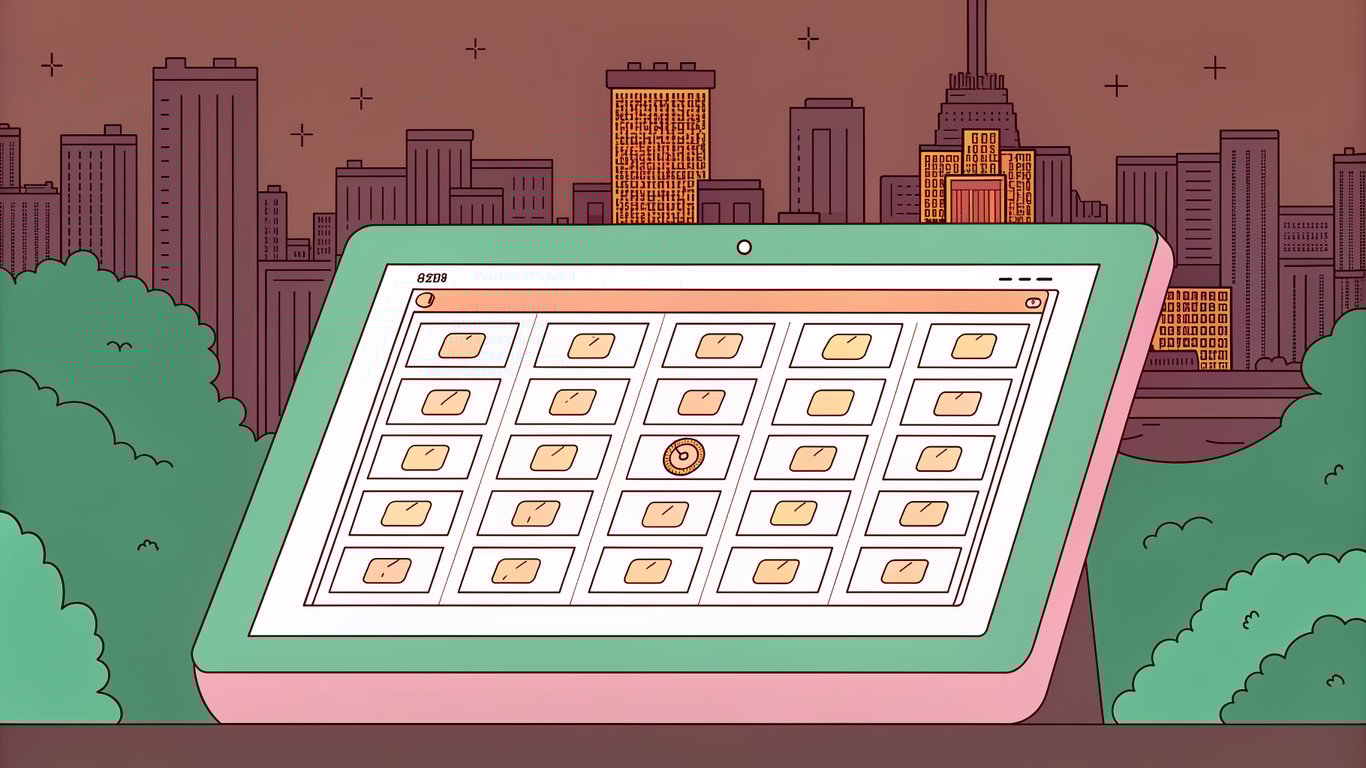 A vibrant, futuristic WordPress dashboard screen displays a glowing calendar with rows of scheduled post thumbnails, each with a tiny clock icon, while a sleek, transparent overlay of a city skyline at dusk hints at 2026, all in a clean, high‑contrast style.