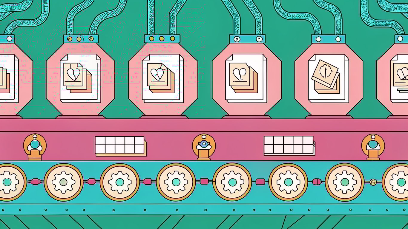 A high‑tech, neon‑lit assembly line of digital content flowing from idea to publication, featuring WordPress logos and AI circuitry, set against a sleek, dark background.