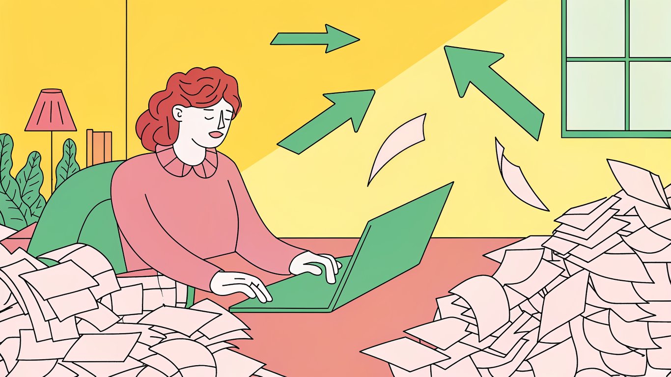 A modern office scene where a tired writer sits at a cluttered desk, surrounded by piles of draft papers, while a sleek, glowing AI dashboard projects a smooth, flowing content pipeline with neon arrows and digital nodes linking the two sides.