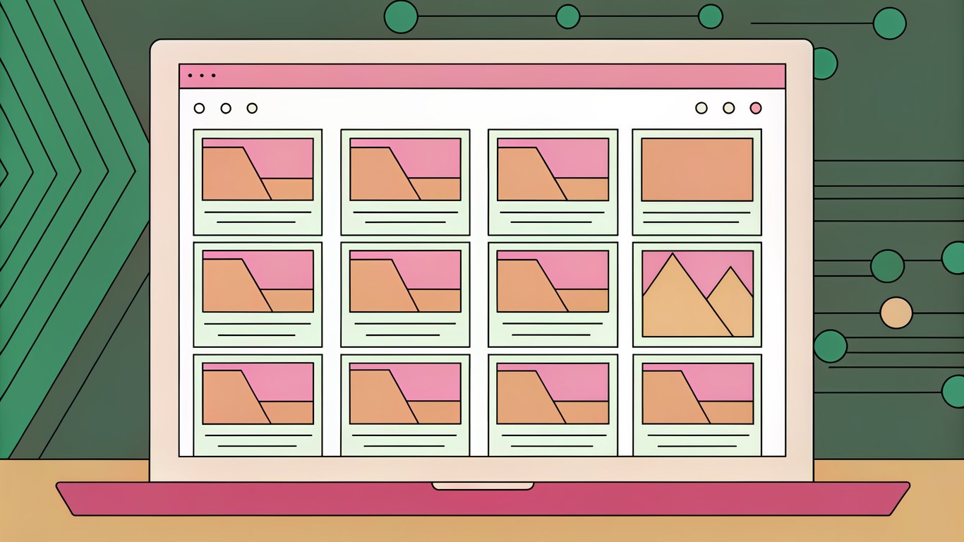 A sleek, modern laptop screen showing a vibrant, modular WordPress template grid with floating icons and subtle 3D depth, set against a dark tech-inspired background with neon accents.