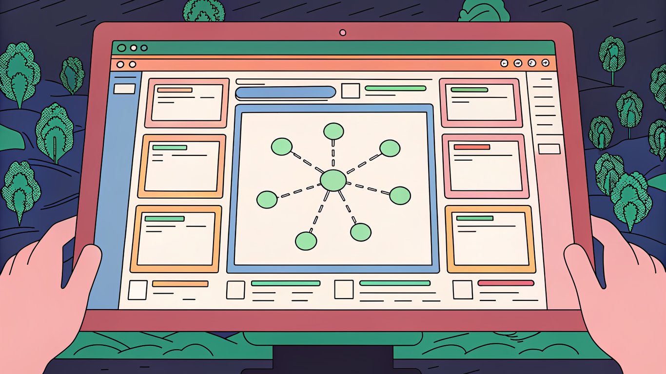 A vibrant, modern WordPress dashboard screen with a glowing central hub of posts connected by sleek lines to satellite posts, forming a clear content cluster network, surrounded by subtle code snippets and a glowing search bar, all rendered in a clean, high‑resolution style.