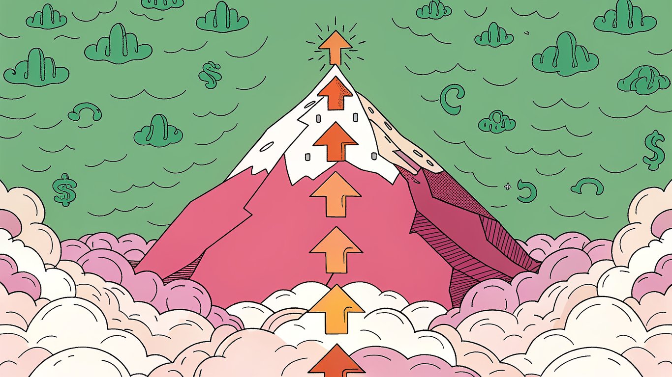 A stylized illustration of a small blog icon climbing a towering mountain of keywords, with a giant Amazon logo as the base, surrounded by upward-pointing arrows and glowing SEO symbols, evoking triumph and digital dominance.