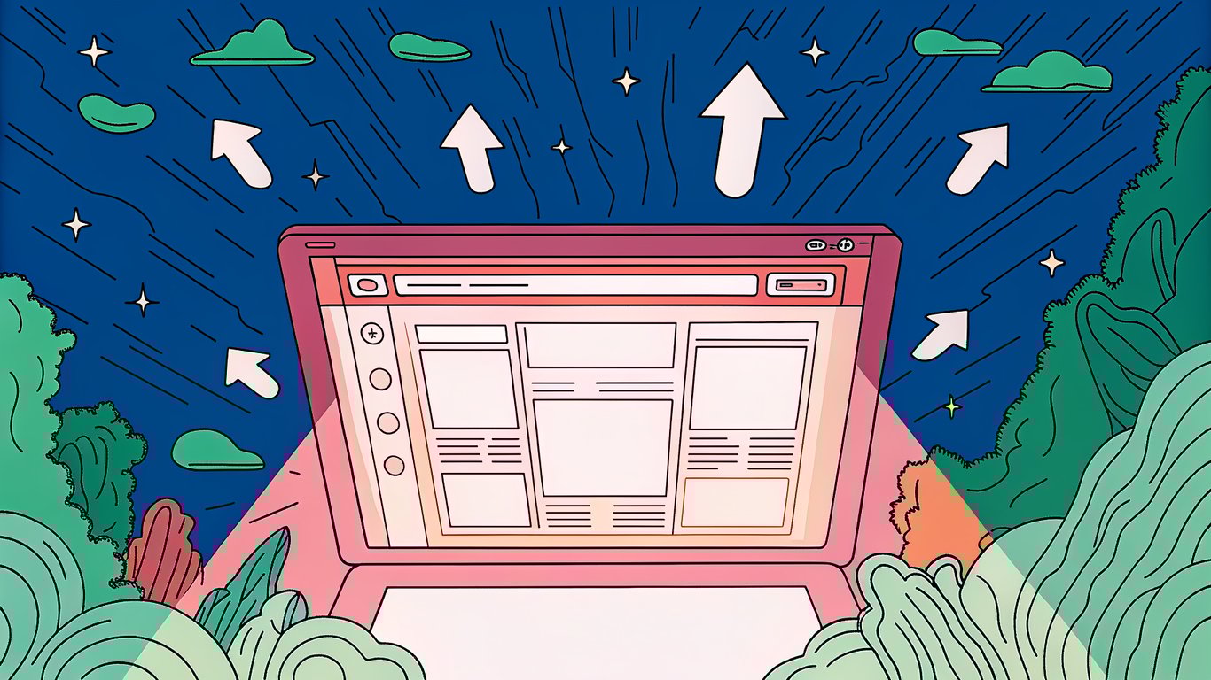 A vibrant, futuristic digital workspace showing a glowing WordPress dashboard with a highlighted snippet box emerging like a floating hologram, surrounded by search result icons and upward arrows indicating traffic growth, all bathed in warm neon blues and greens.