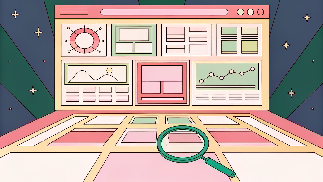 A sleek, futuristic control room with a holographic website layout floating above a glass table, a magnifying glass hovering over highlighted content sections, surrounded by glowing analytics graphs and SEO icons, all bathed in neon blue and green against a deep midnight gradient.