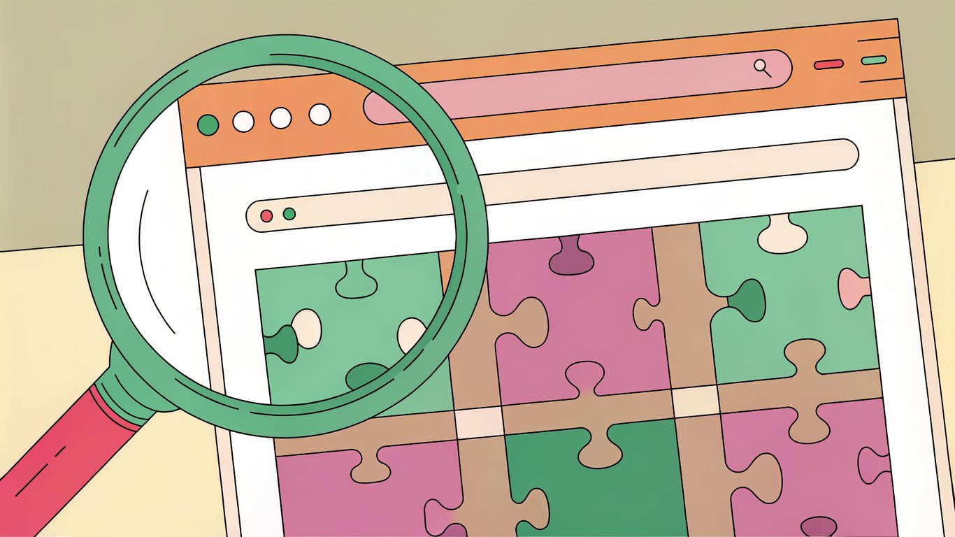 A sleek WordPress dashboard interface with a magnifying glass hovering over a partially completed puzzle board, highlighting missing puzzle pieces that symbolize content gaps; beside it, a competitor’s fully completed puzzle showcases the opportunity for growth.