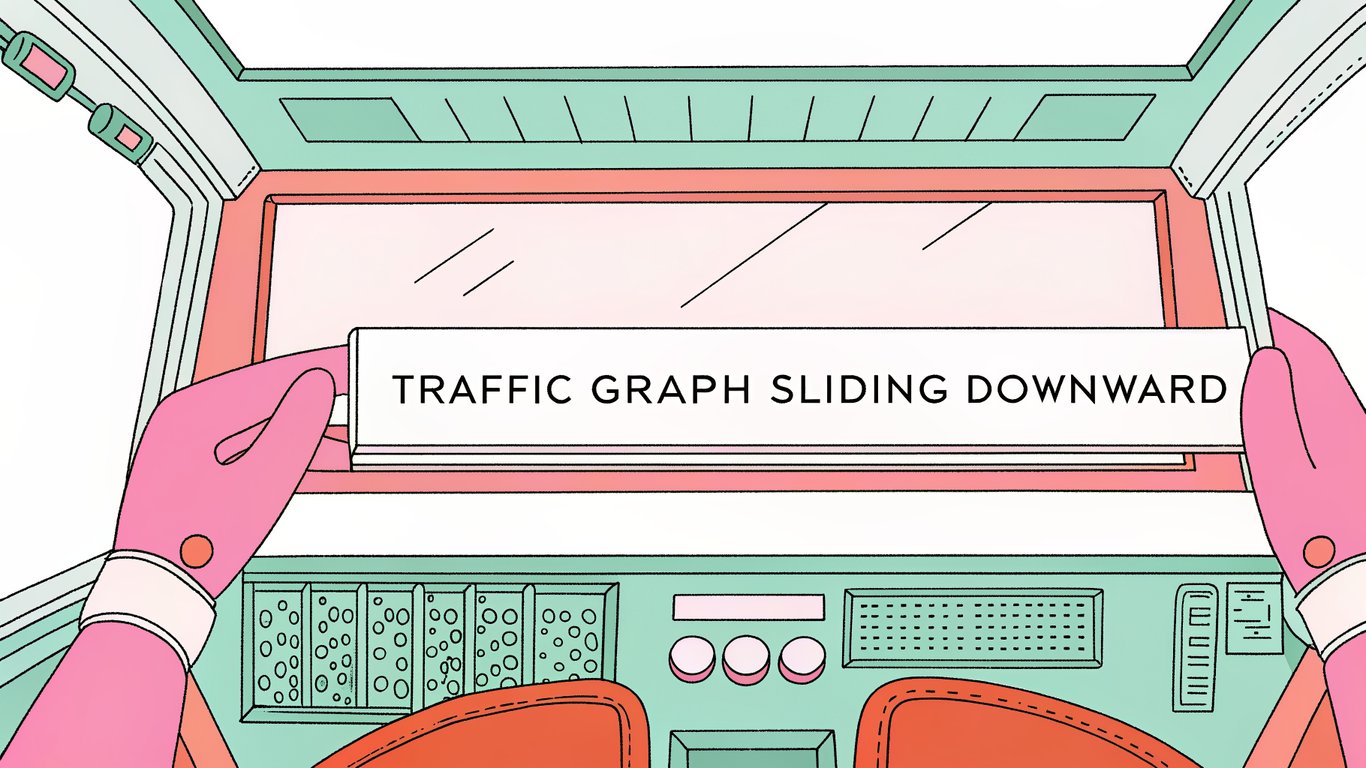 A futuristic digital dashboard with a traffic graph sliding downward, fading text snippets dissolving into pixels, and a subtle robotic arm adjusting settings, all bathed in cool blue tones.