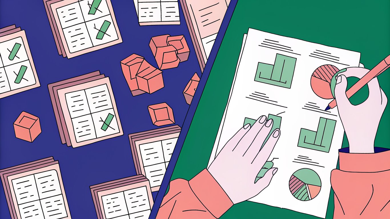 Illustration comparing a content inventory (a list of content) with a content audit (analysis and action plan).