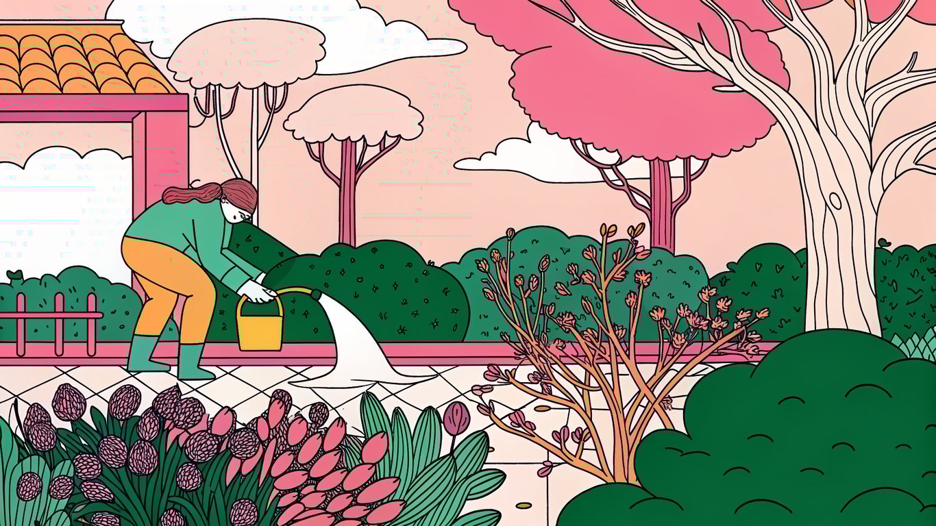 Illustration of a website garden being tended, showing content being pruned, watered, and new content planted, representing the benefits of a content audit.