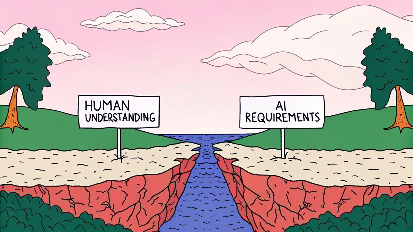 A visual metaphor of a wide gap between human understanding and AI requirements.