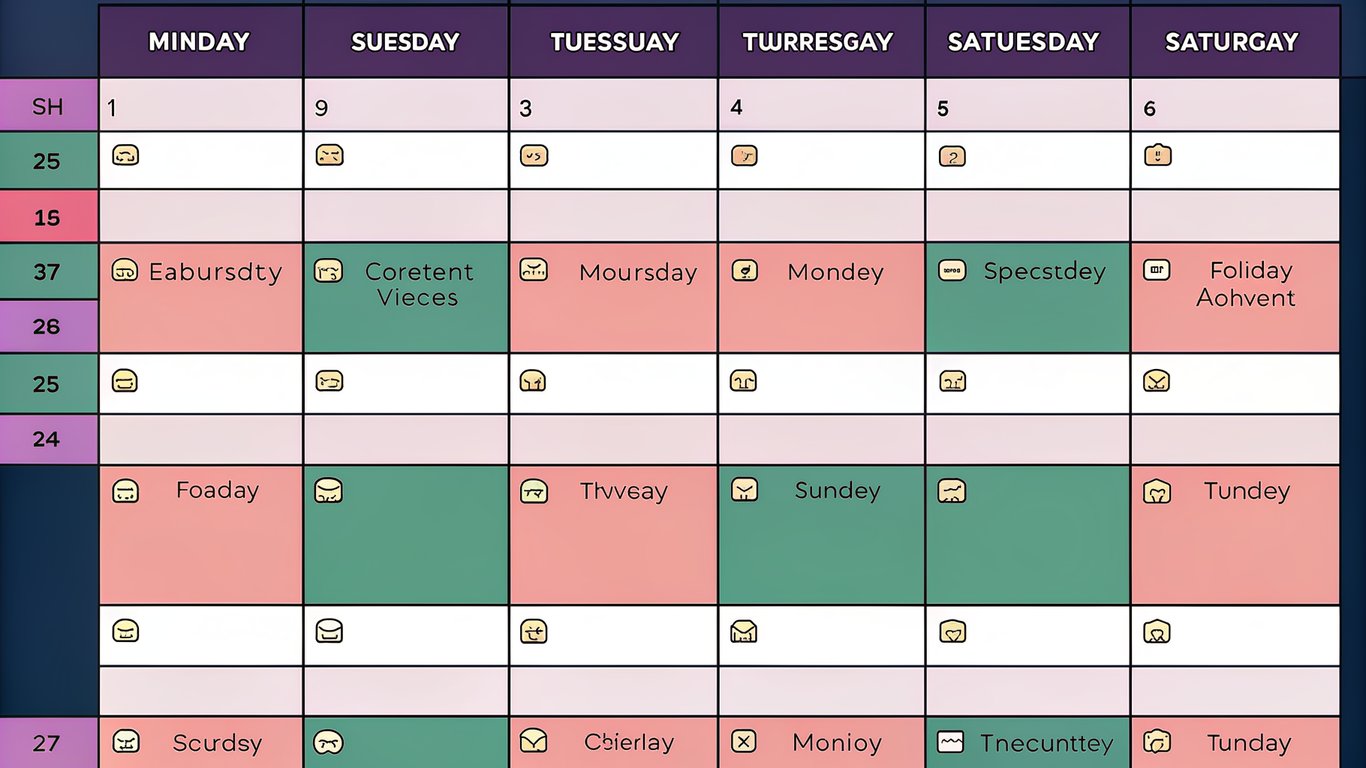 Illustration of a structured content calendar showing planned posts and topics.