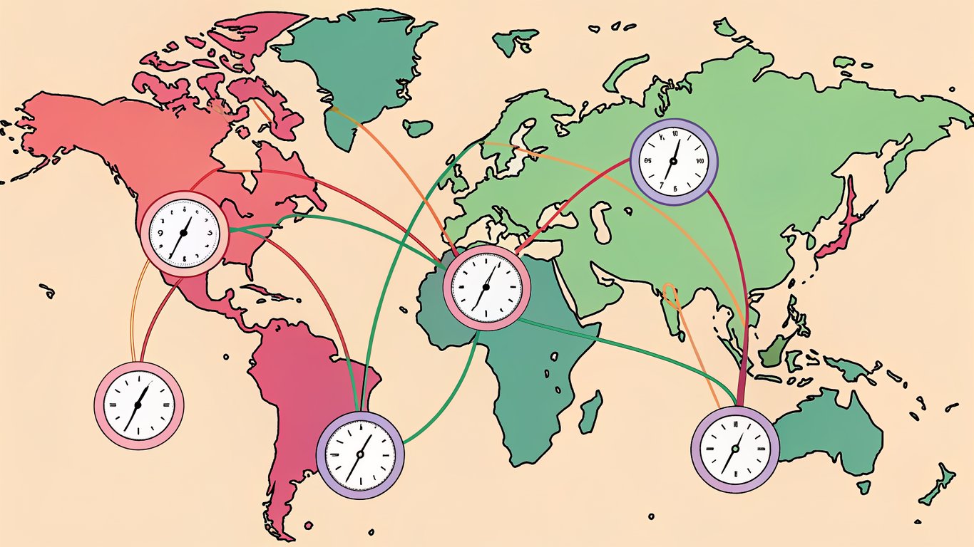 Illustration showing content being distributed across different global time zones.
