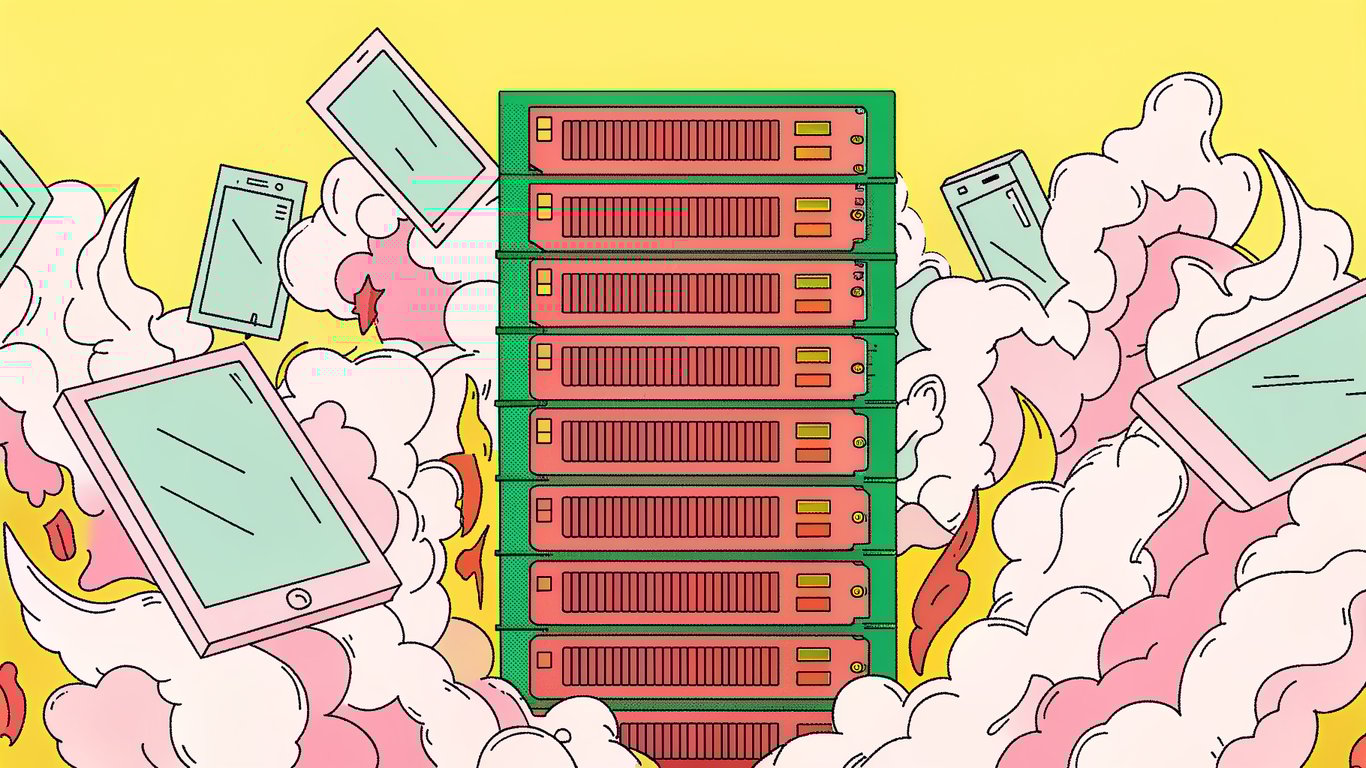 Illustration of an overloaded server struggling to process too many simultaneous requests.