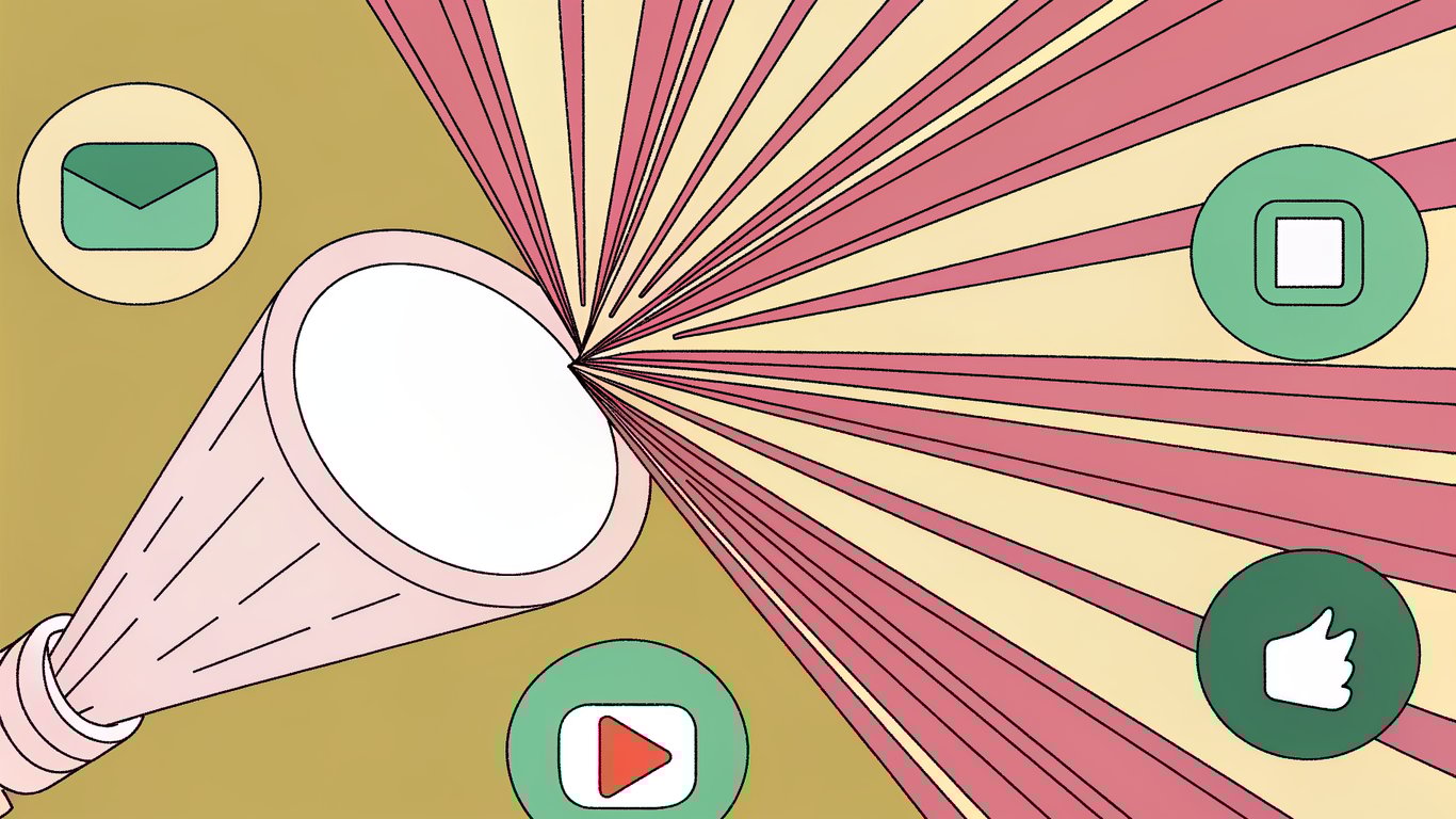 A central light source radiating multiple beams, each transforming into different content format symbols like email, social media, video, and documents.