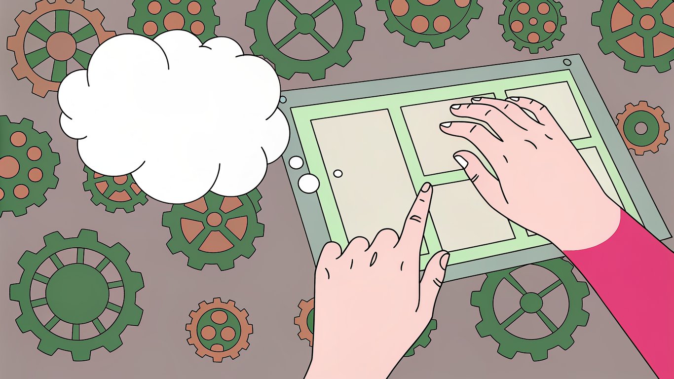 Illustration showing content automation handling repetitive tasks while a human focuses on creative strategy.