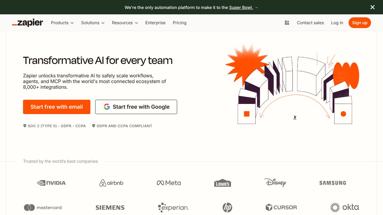 Zapier homepage showing examples of app integrations and automated workflows.