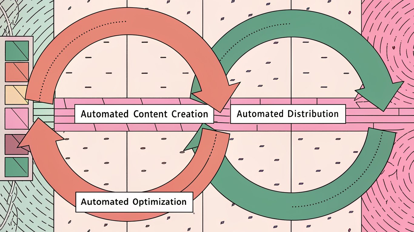 Diagram illustrating the three core components of content automation: creation, distribution, and optimization, working in a continuous loop.