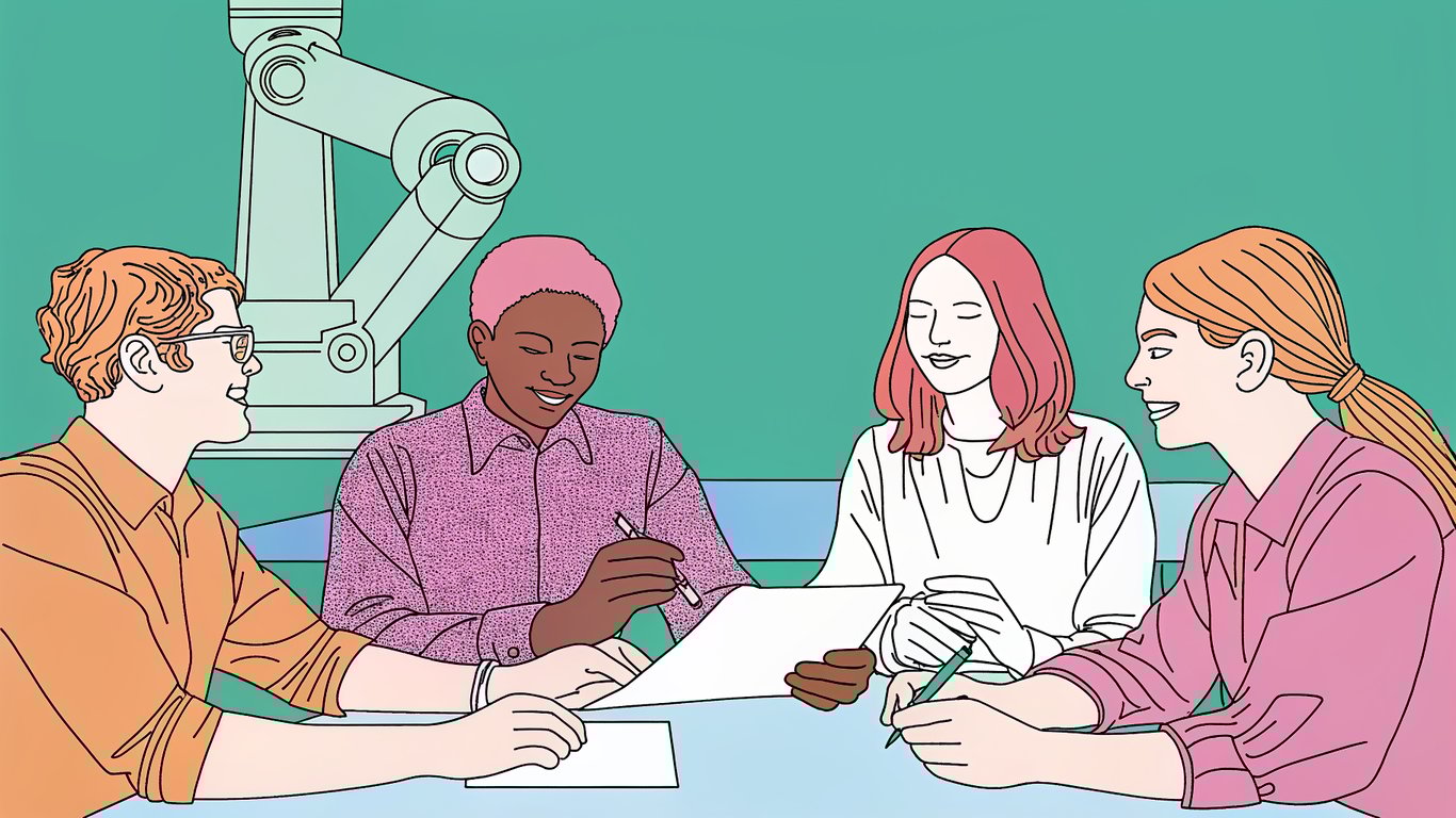 Illustration of a content team collaborating with AI assistance, highlighting defined roles.