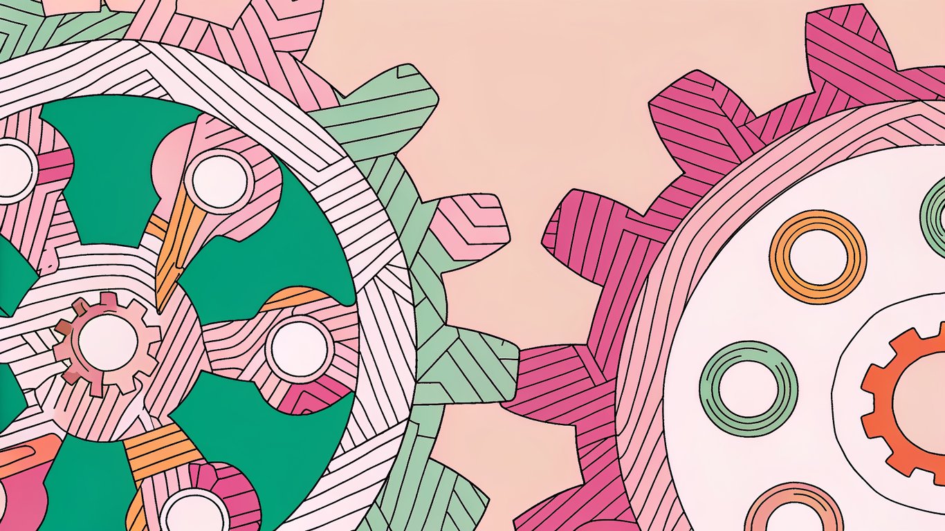 Illustration of human and AI gears interlocking, symbolizing collaboration in a workflow.