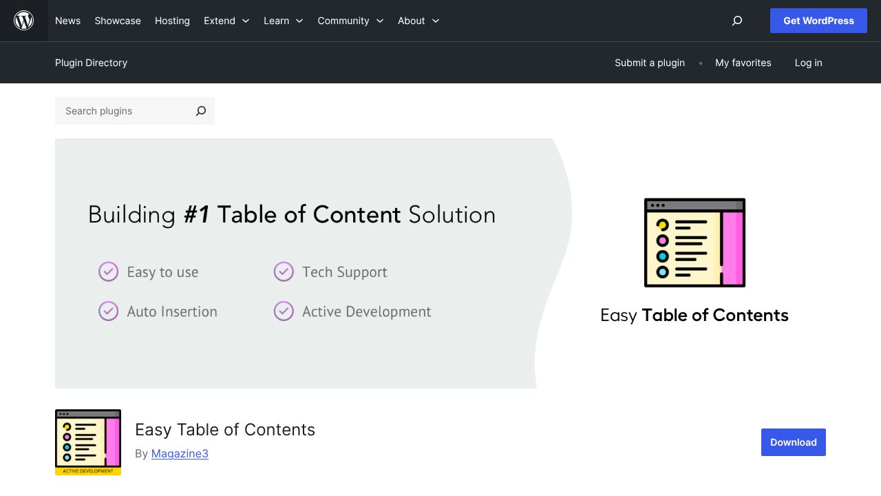Screenshot of the Easy Table of Contents plugin in use on a WordPress page, showing a navigable table of contents.