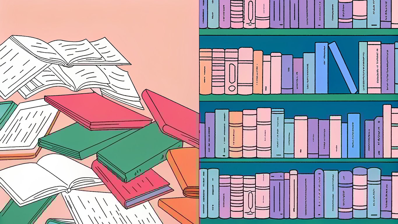 A visual comparison between a chaotic pile of books and an organized library shelf, representing traditional SEO versus content clusters.
