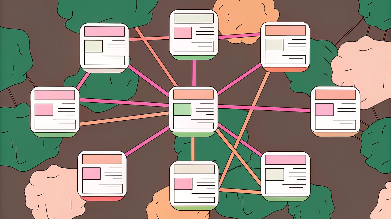 A mind map diagram illustrating the hierarchical structure of a content cluster, with a central pillar topic and branching subtopics.