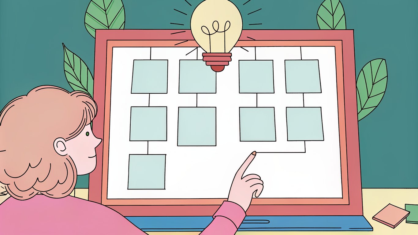 Illustration of a person overcoming a blank screen with a structured content template appearing.