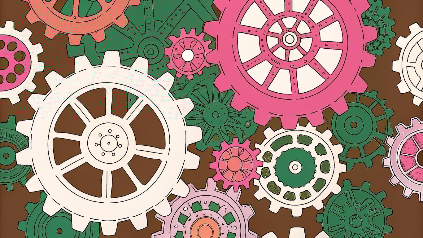Illustration of interconnected gears representing the multiple benefits of using article templates for content creation.