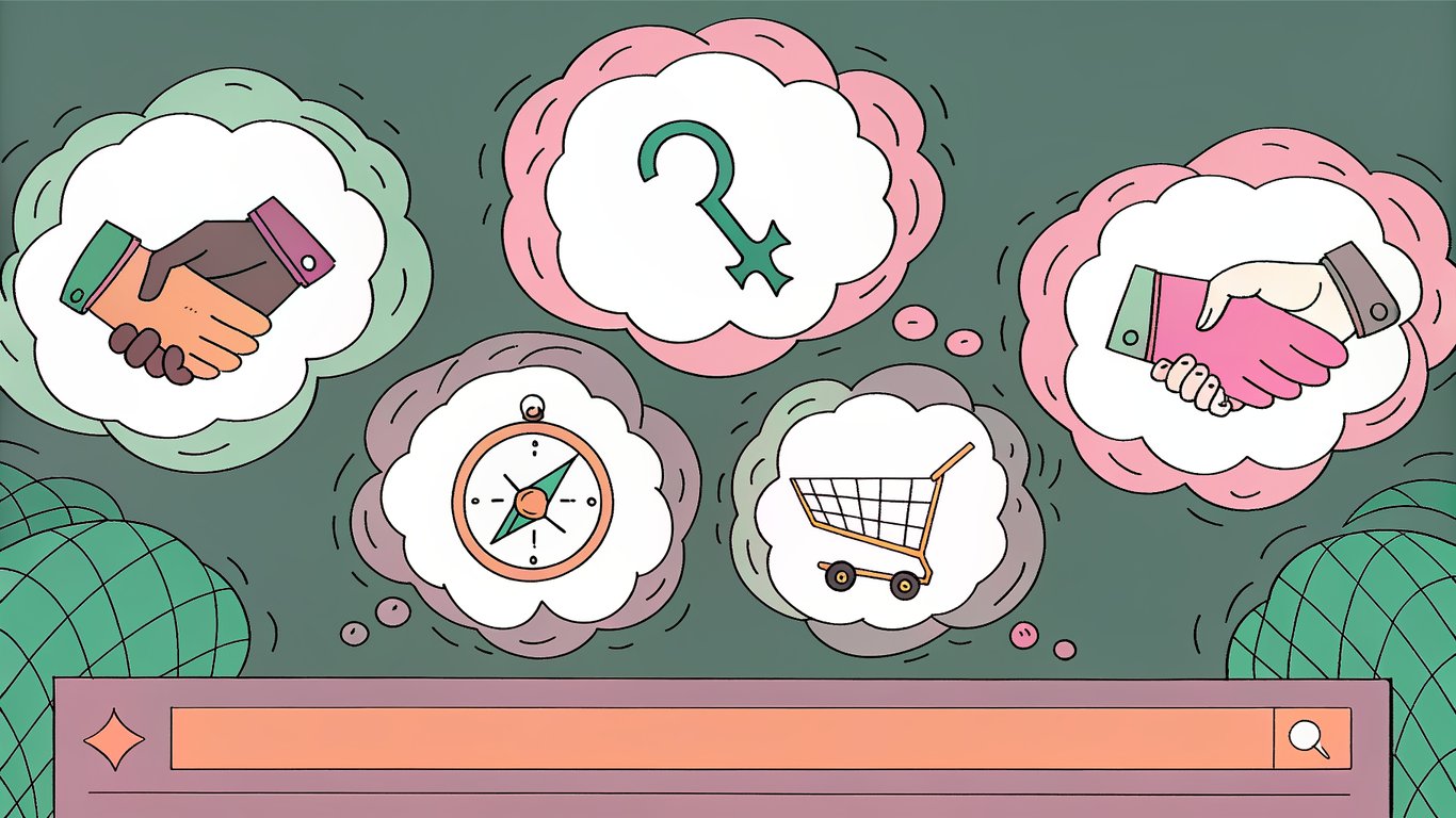 Illustration of a search bar with four thought bubbles above it, each depicting a different search intent: informational, navigational, commercial, and transactional.