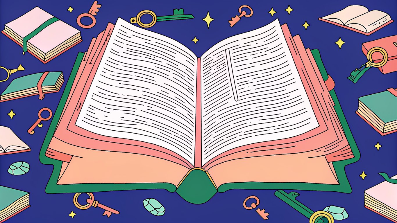 Illustration of a large, open book with many chapters, symbolizing a comprehensive ultimate guide or pillar content.