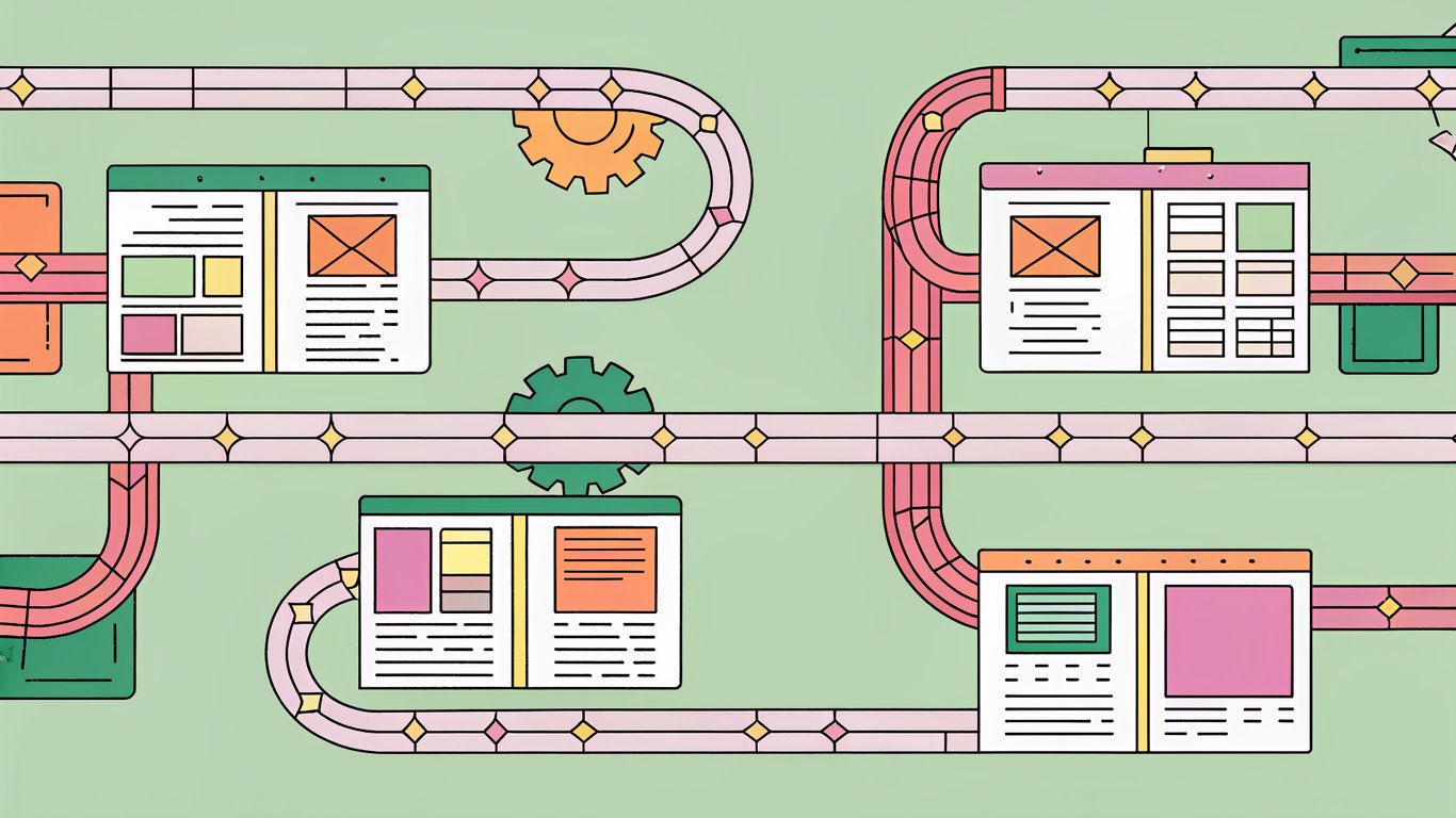 An illustration of a content pipeline as an assembly line, showing stages from idea to distribution.