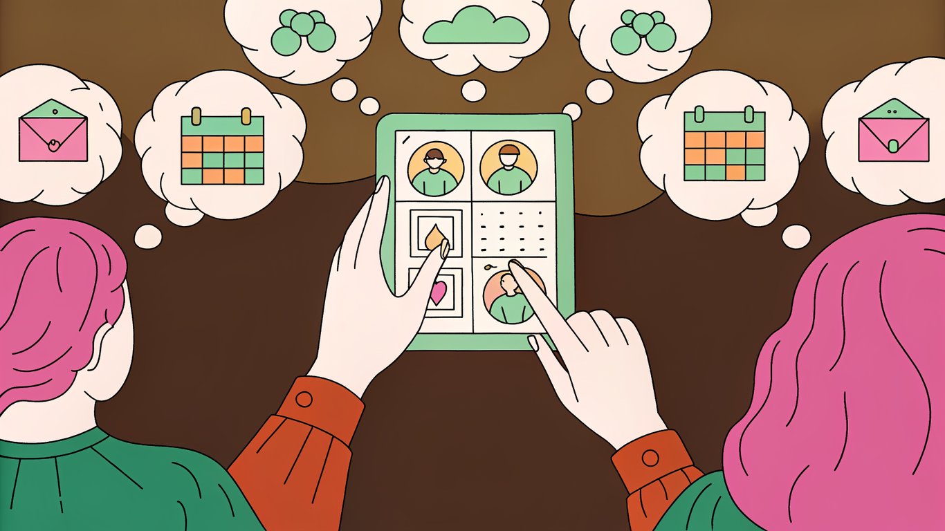 An illustration of AI assisting a human with content idea generation and calendar planning.