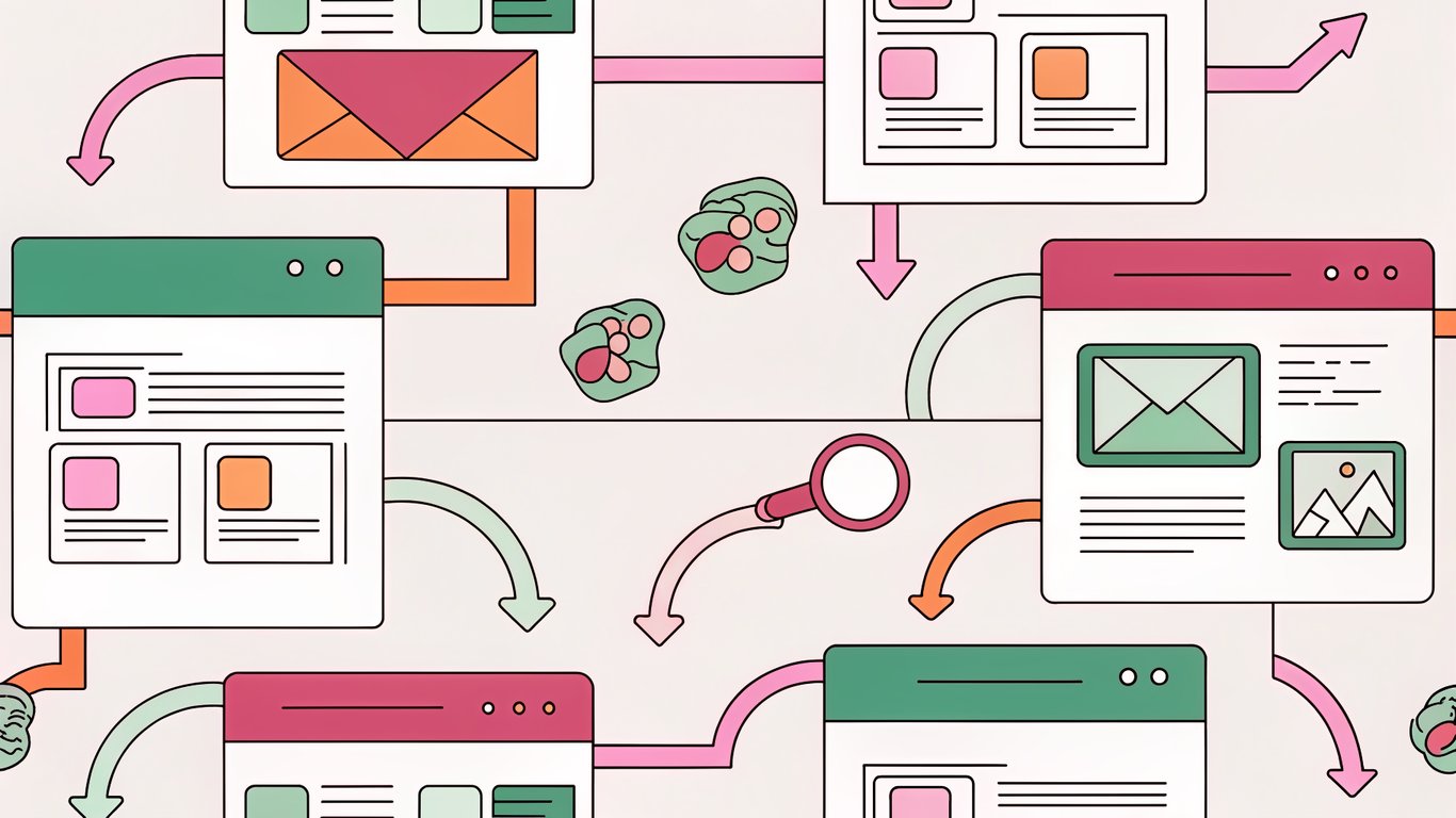 An illustration showing a blog post automatically distributing to social media, email, and search engines.