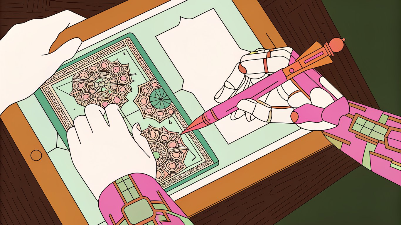 An illustration showing a human hand and a robot hand collaborating on a digital screen, representing human-AI partnership in content creation.