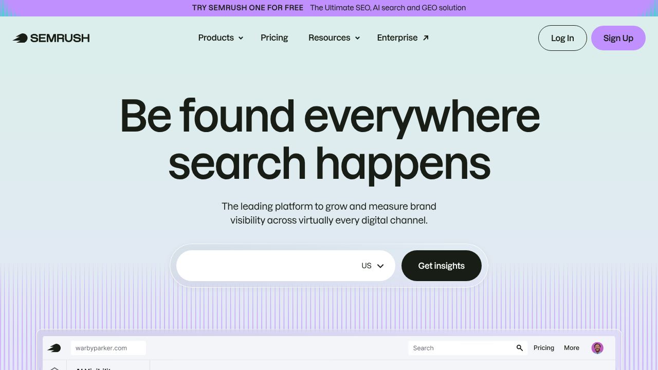 SEMrush homepage showing various SEO tools and features.