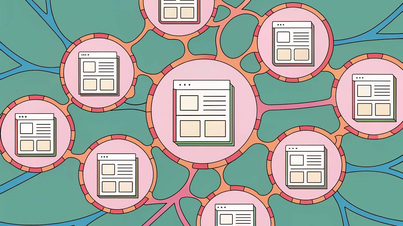 A network diagram showing a central pillar topic connected to several smaller sub-topic clusters.
