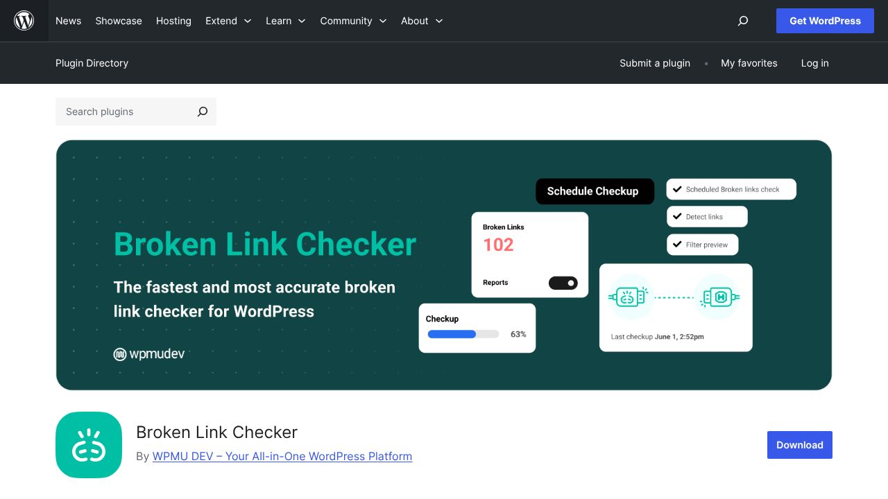 Screenshot of the Broken Link Checker plugin page on WordPress.org.