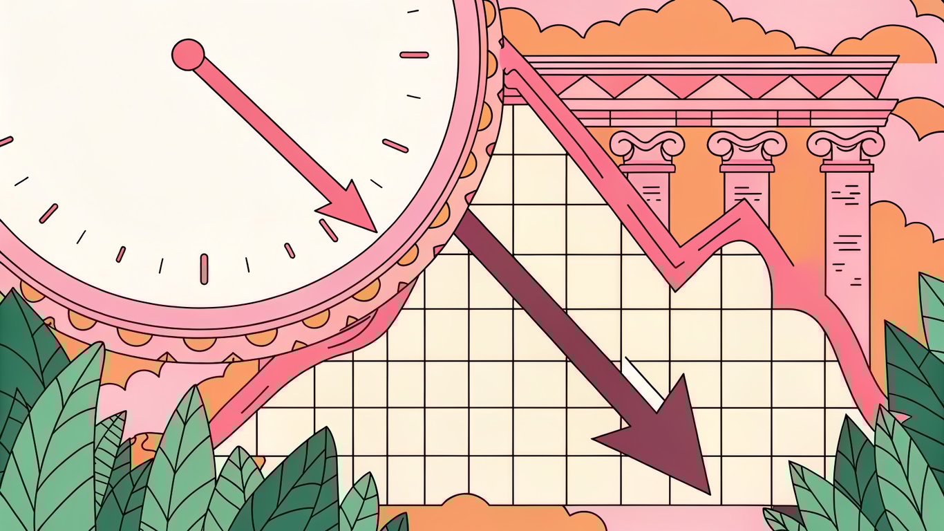 A graph showing declining website traffic over time, with a clock in the background, representing content decay.
