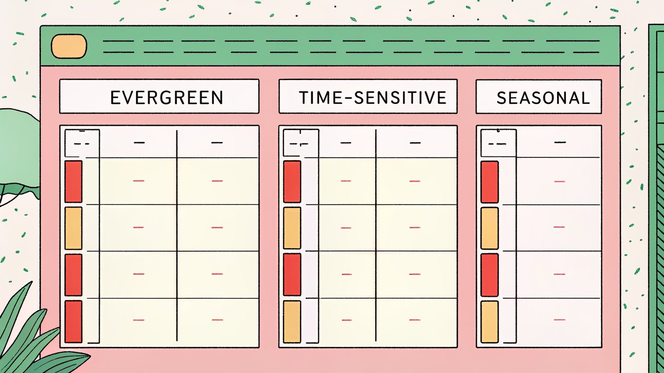 A visual representation of a content audit spreadsheet or dashboard, categorizing content by type and showing performance metrics.