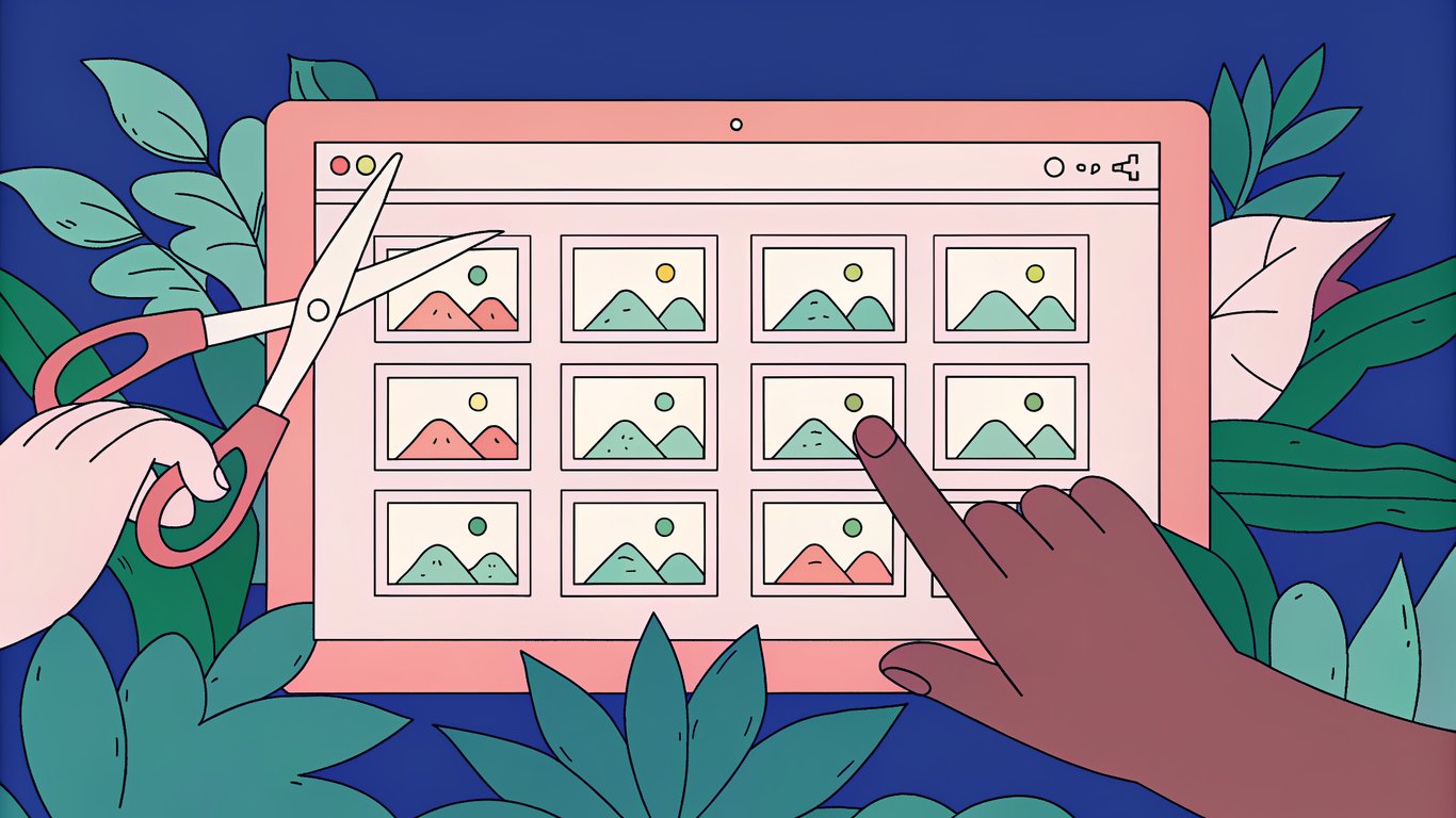 Stylized WordPress admin dashboard where blog post icons are being trimmed like tree branches, two posts merging into one streamlined icon while others are removed, all set against a clean, gradient background.